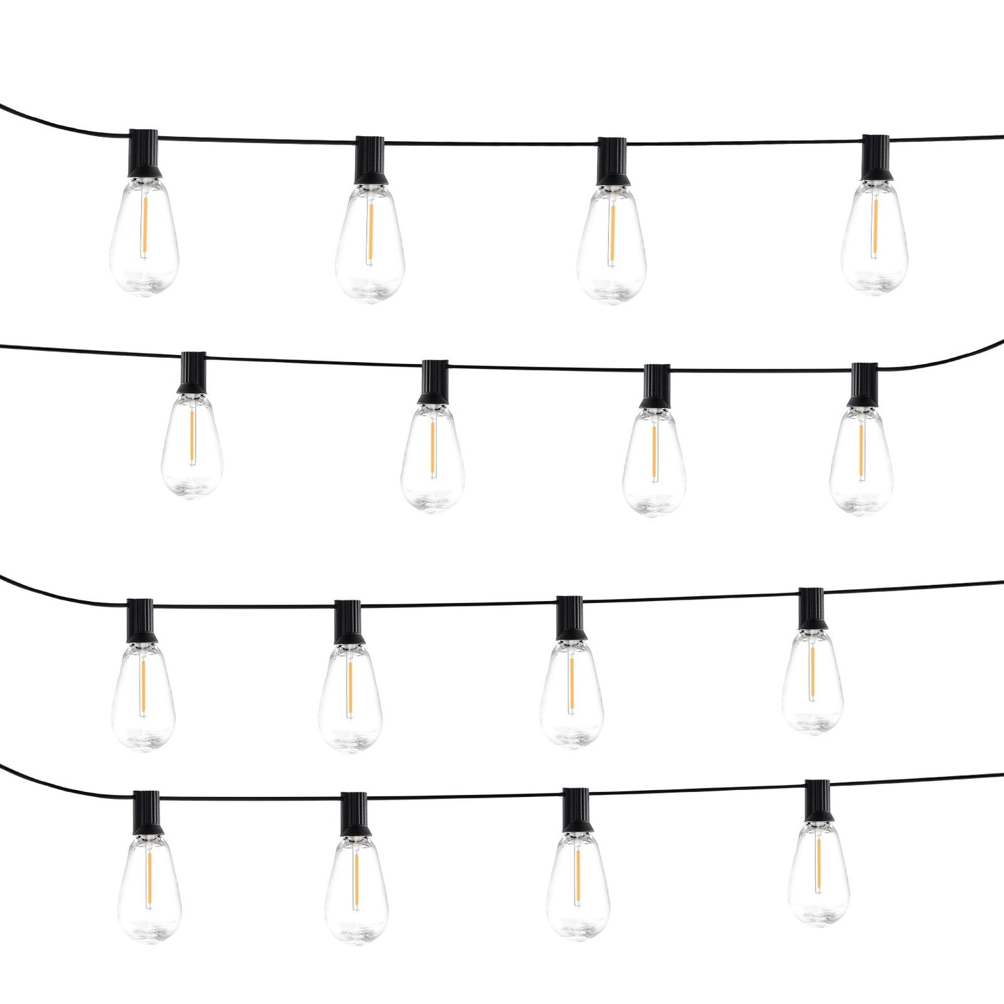 String of clear light bulbs on black wires against a white background