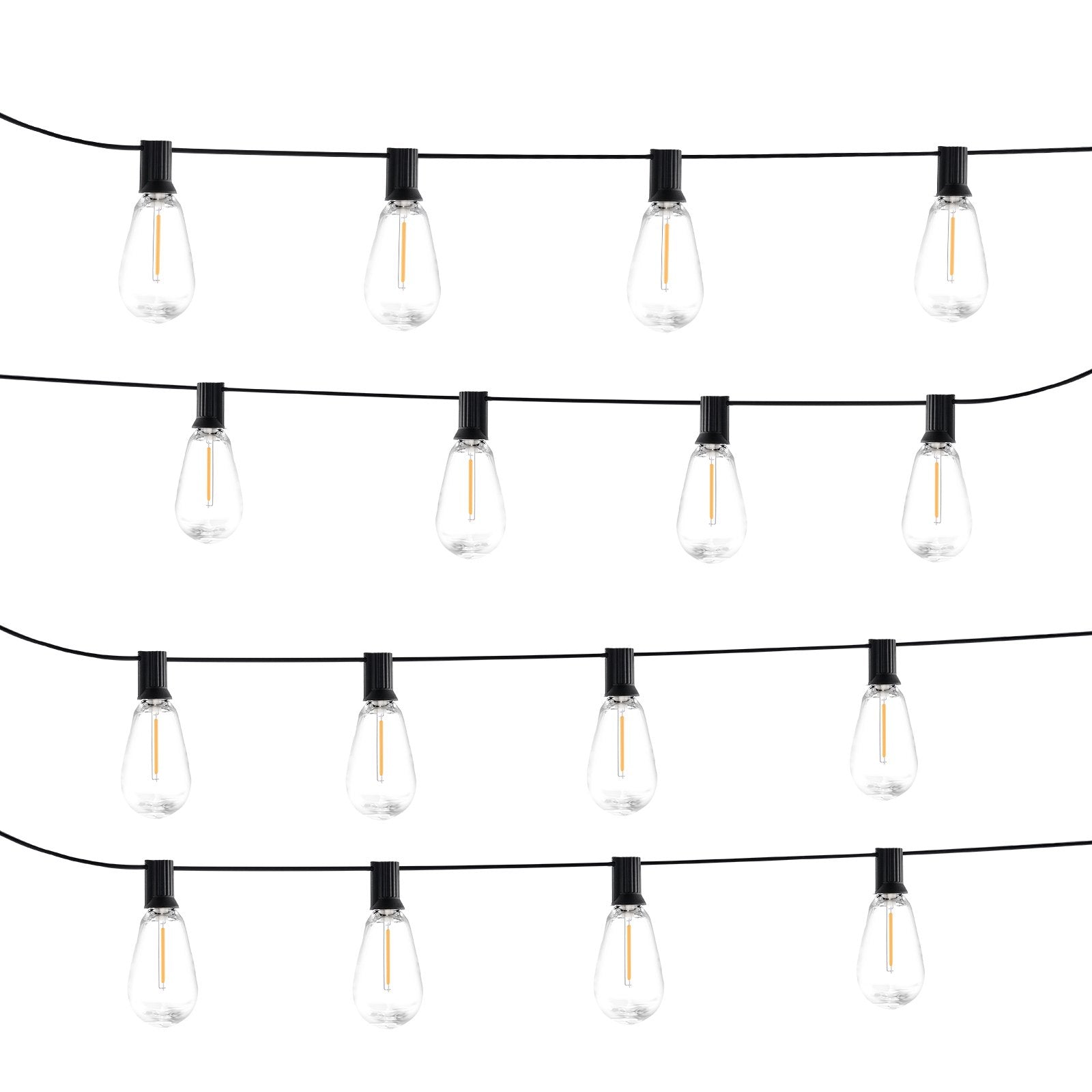 String of clear light bulbs on black wires against a white background