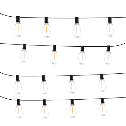 String of clear light bulbs on black wires against a white background