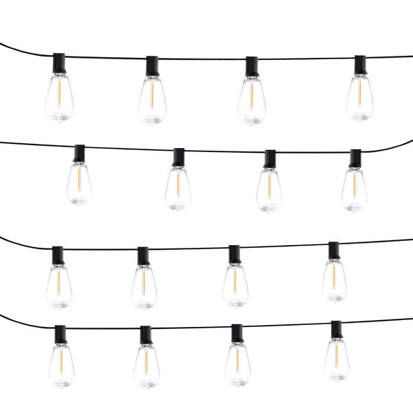 String of clear light bulbs on black wires against a white background