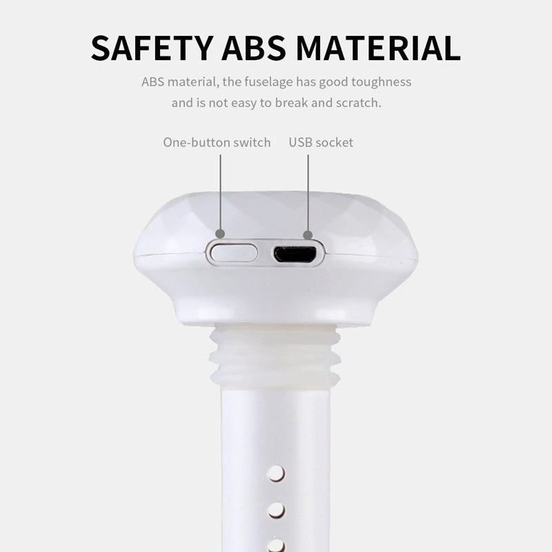 A close-up of a white humidifier top, labeled "SAFETY ABS MATERIAL," highlights its "One-button switch" and "USB socket" against a light background.