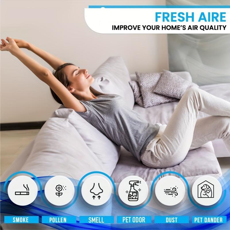 A woman relaxes on a sofa, stretching, with text "FRESH AIRE IMPROVE YOUR HOME'S AIR QUALITY." Below, icons illustrate what the product helps eliminate: Smoke, Pollen, Smell, Pet Odor, Dust, and Pet Dander.