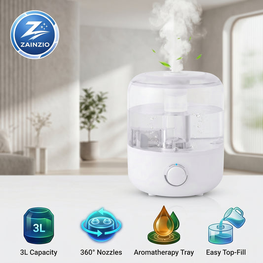 A white Zainzio humidifier emits mist, showcasing its 3L Capacity, 360° Nozzles, Aromatherapy Tray, and Easy Top-Fill features.