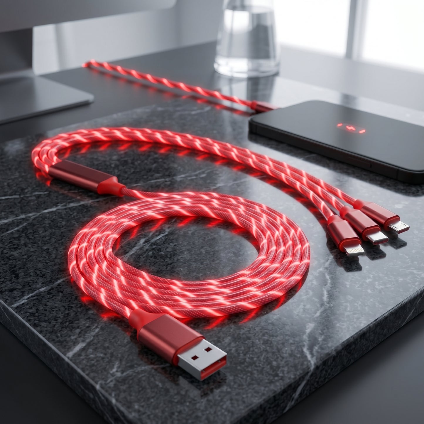 A red 3-in-1 LED charging cable, glowing brightly, is coiled on a dark marble surface. The cable extends to charge a black smartphone, which displays a distinct red charging icon.