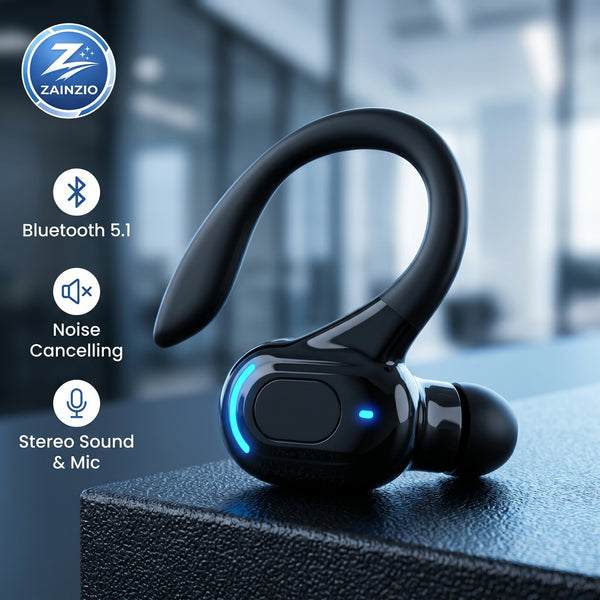 Black Bluetooth earpiece with Zainzio branding on a blurred office background