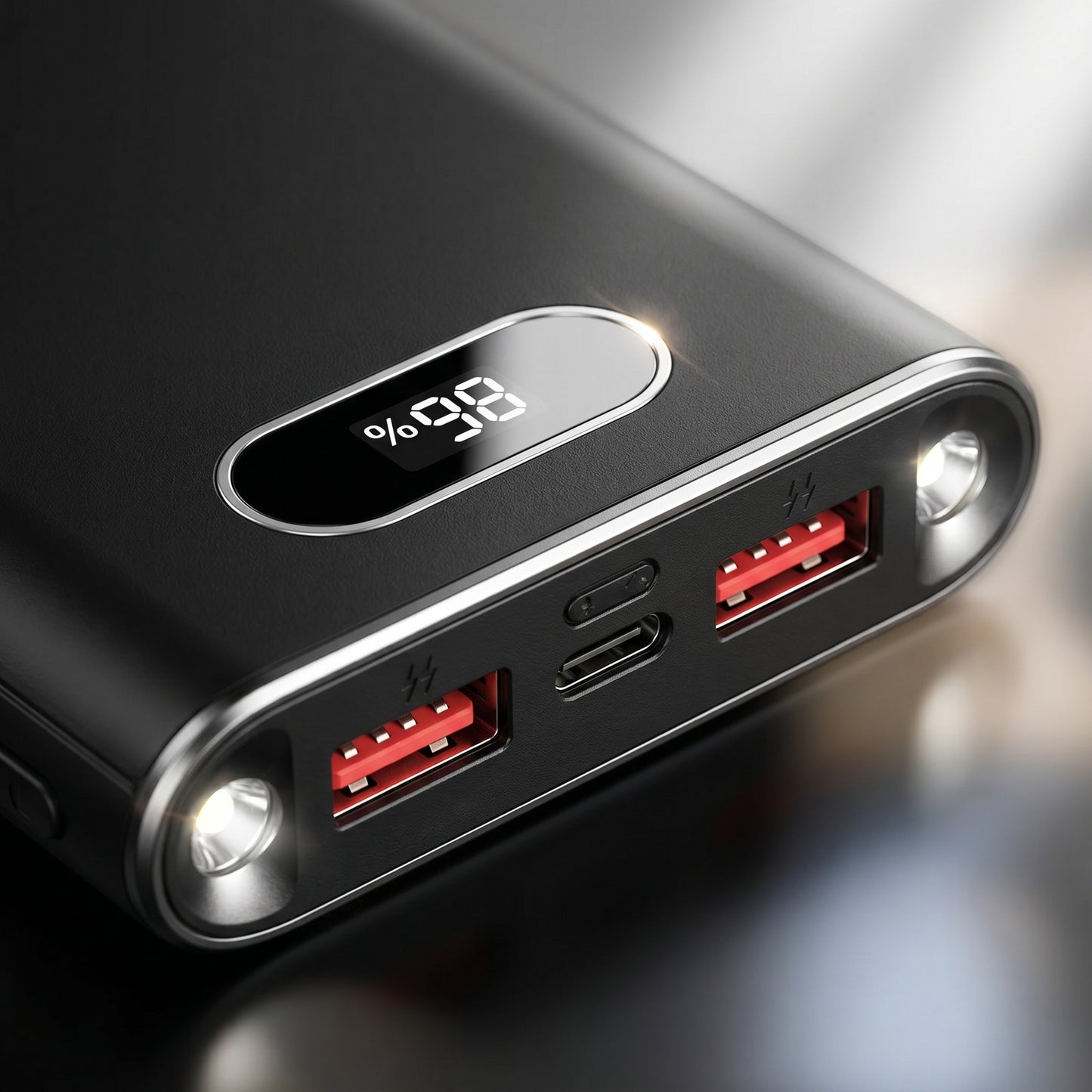 Black power bank with digital display and multiple ports on a blurred background