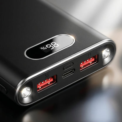 Black power bank with digital display and multiple ports on a blurred background