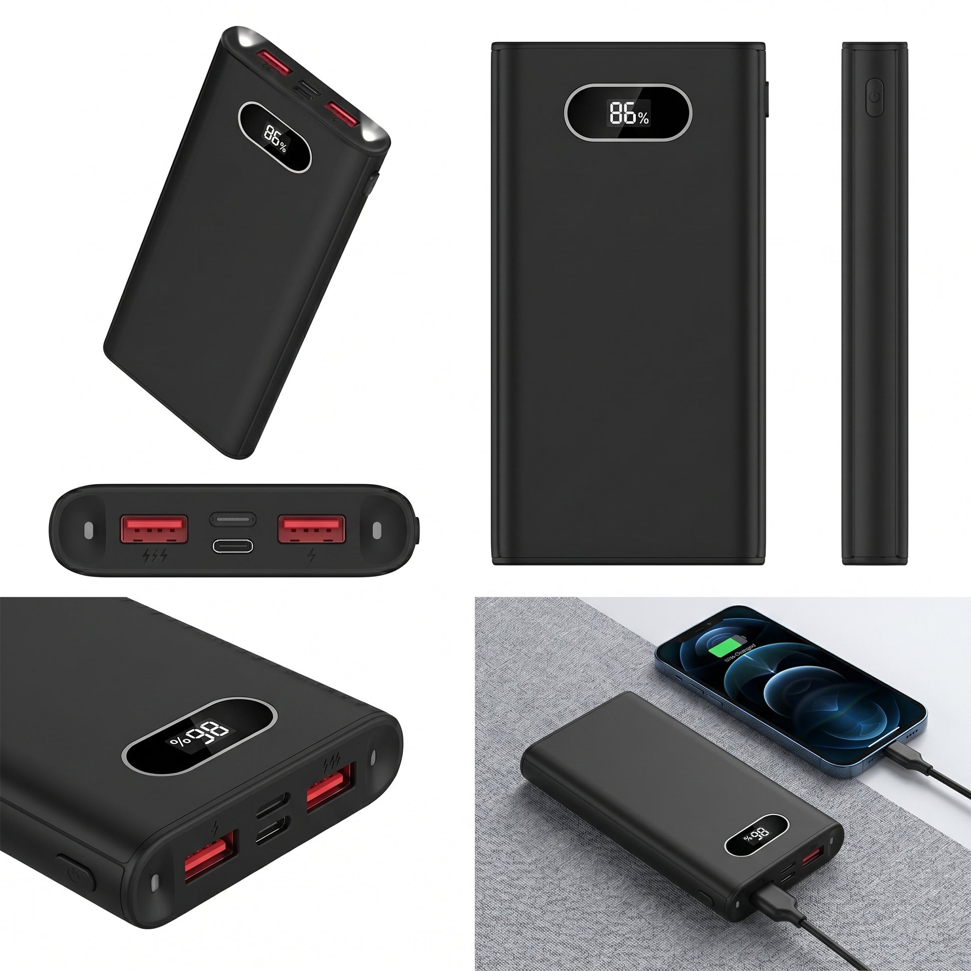 Black power bank with digital display and charging port on a white background