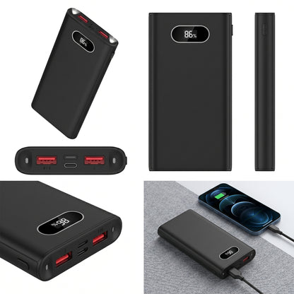 Black power bank with digital display and charging port on a white background