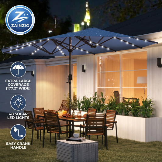 Zainzio patio umbrella with solar LED lights in a backyard setting