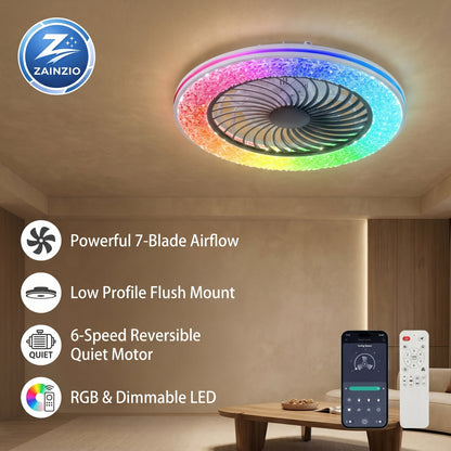 Ceiling fan with colorful light effects and Zainzio branding, featuring product features and controls. Enclosed Ceiling Fan, 7 Blade Fandelier, RGB Ceiling Fan, Low Profile Fan, Black Flush Mount Fan, Smart LED Ceiling Fan, Quiet Bedroom Fan