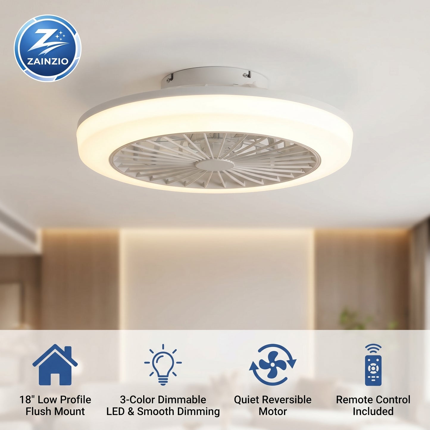 Ceiling fan with light fixture in a room setting, featuring Zainzio brand.