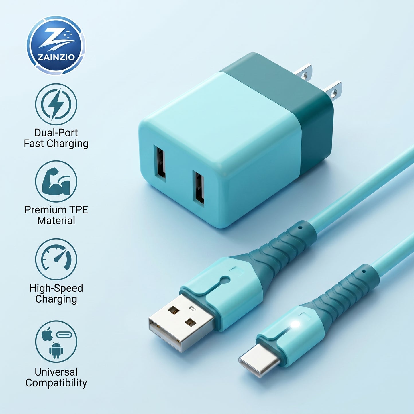 Teal charging adapter and cable with Zainzio branding on a light blue background