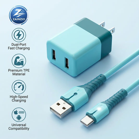 Teal charging adapter and cable with Zainzio branding on a light blue background