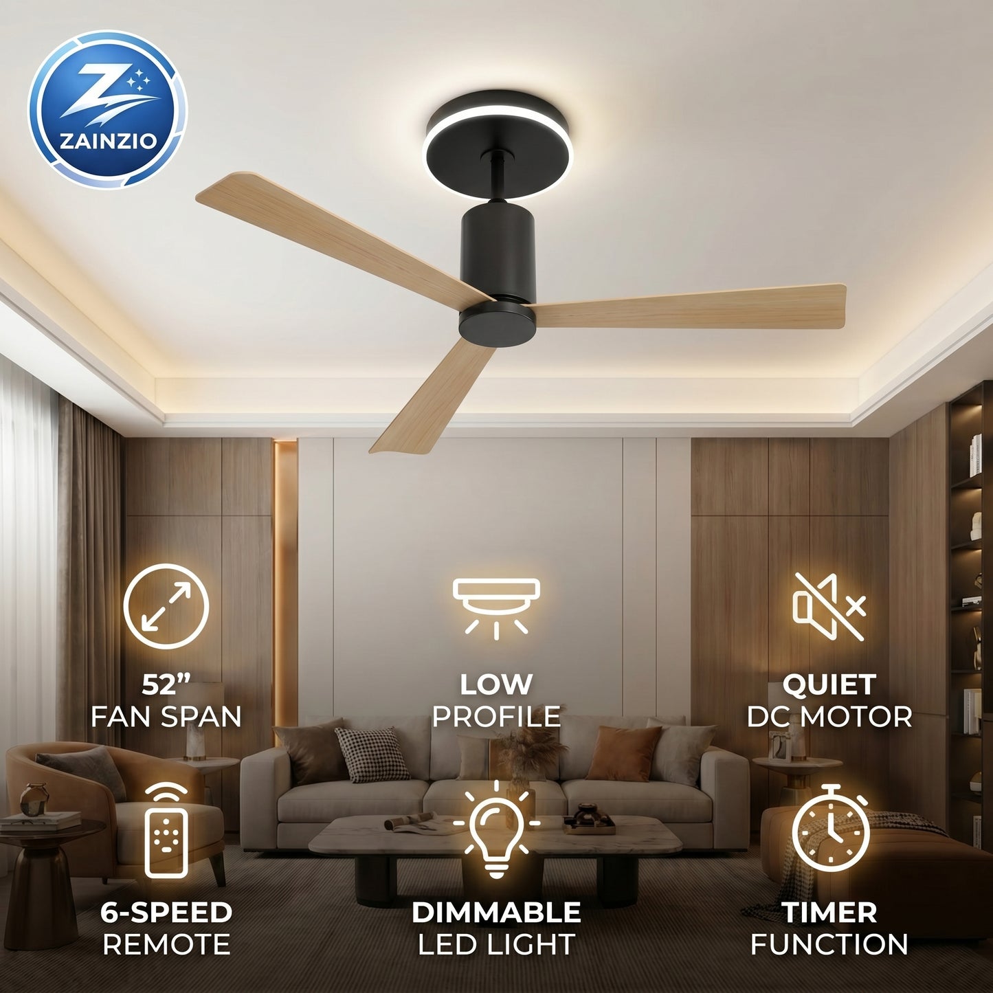 Ceiling fan in a living room with features highlighted, Zainzio