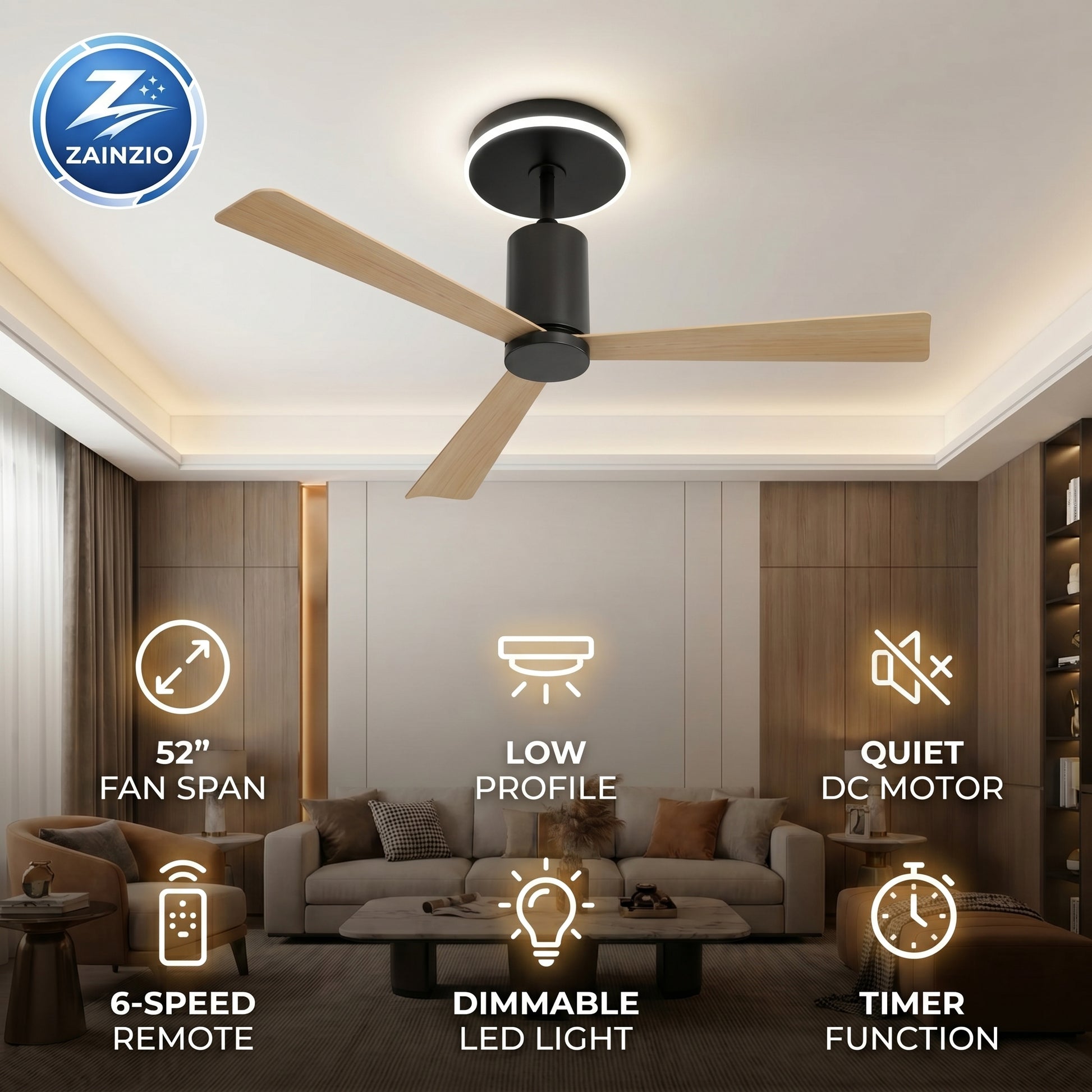 Ceiling fan in a living room with features highlighted, Zainzio