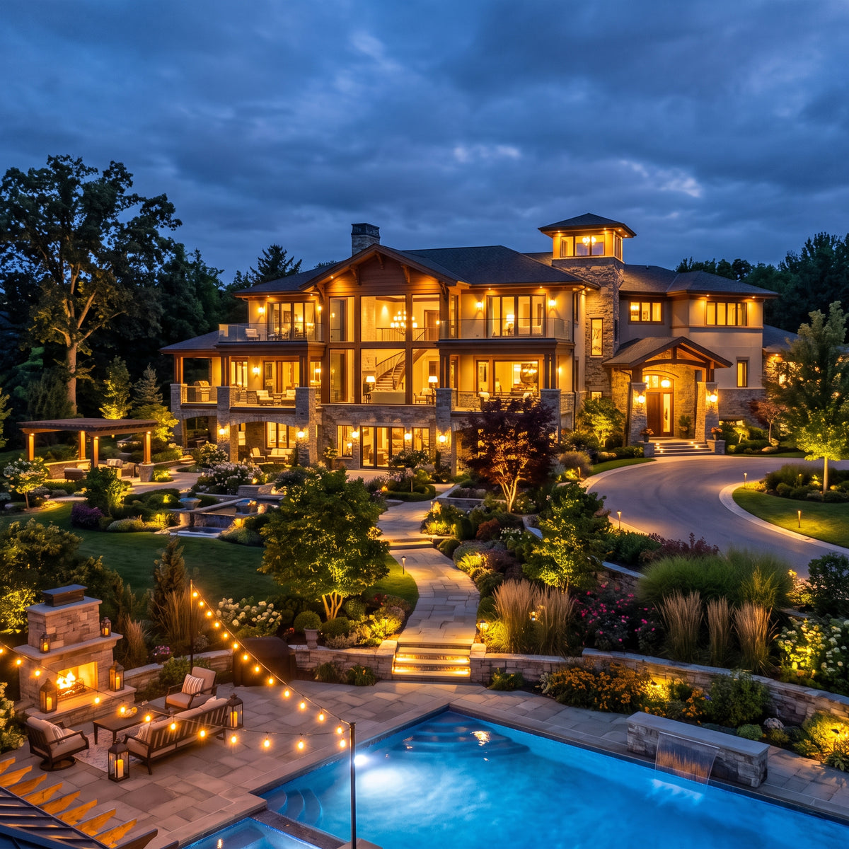 A large luxury estate fully illuminated at twilight with Zainzio architectural facade lighting, warm landscape uplighting on trees, illuminated stone walkways, and a vibrant pool patio decorated with outdoor string lights.