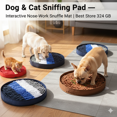 Dog and cat sniffing pads on a wooden floor with pets interacting.