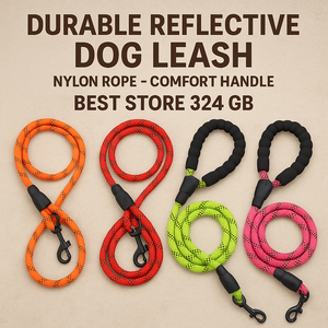 Four dog leashes in different colors with text describing the product on a beige background