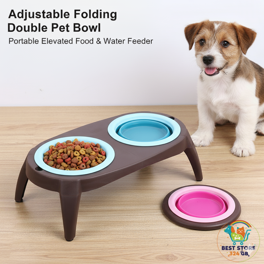 Adjustable Folding Double Pet Bowl with brown stand and blue bowl, displayed with a dog beside it and food inside one bowl.