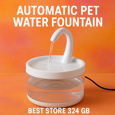 Automatic Pet Water Fountain cover image – White swan-neck cat and dog water dispenser on orange background with text “Best Store 324 GB