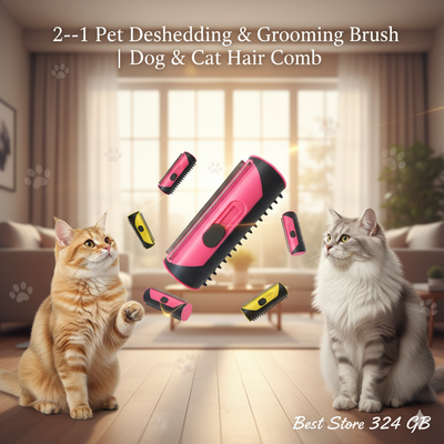 Pet grooming brush with two cats in a living room setting