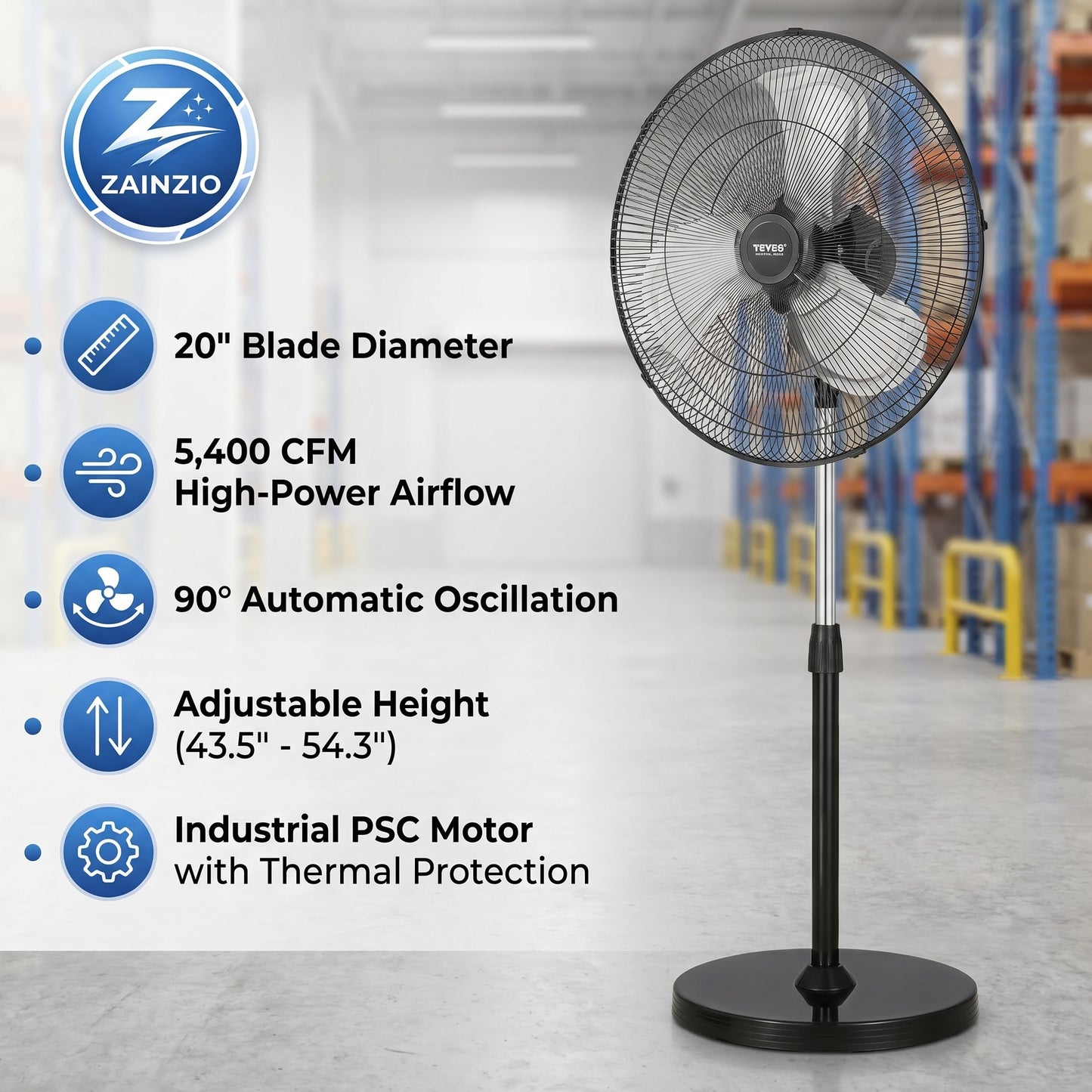 Zainzio standing fan with features listed on a warehouse background