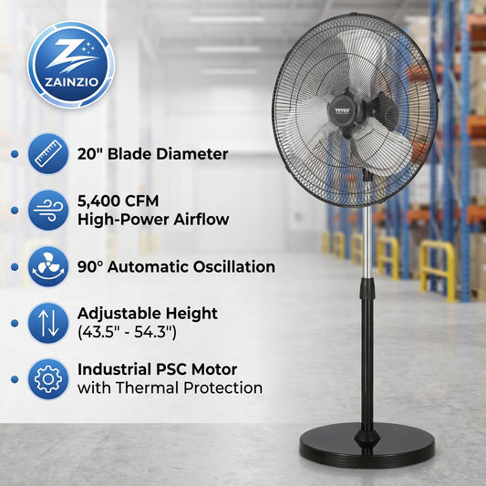 Zainzio standing fan with features listed on a warehouse background