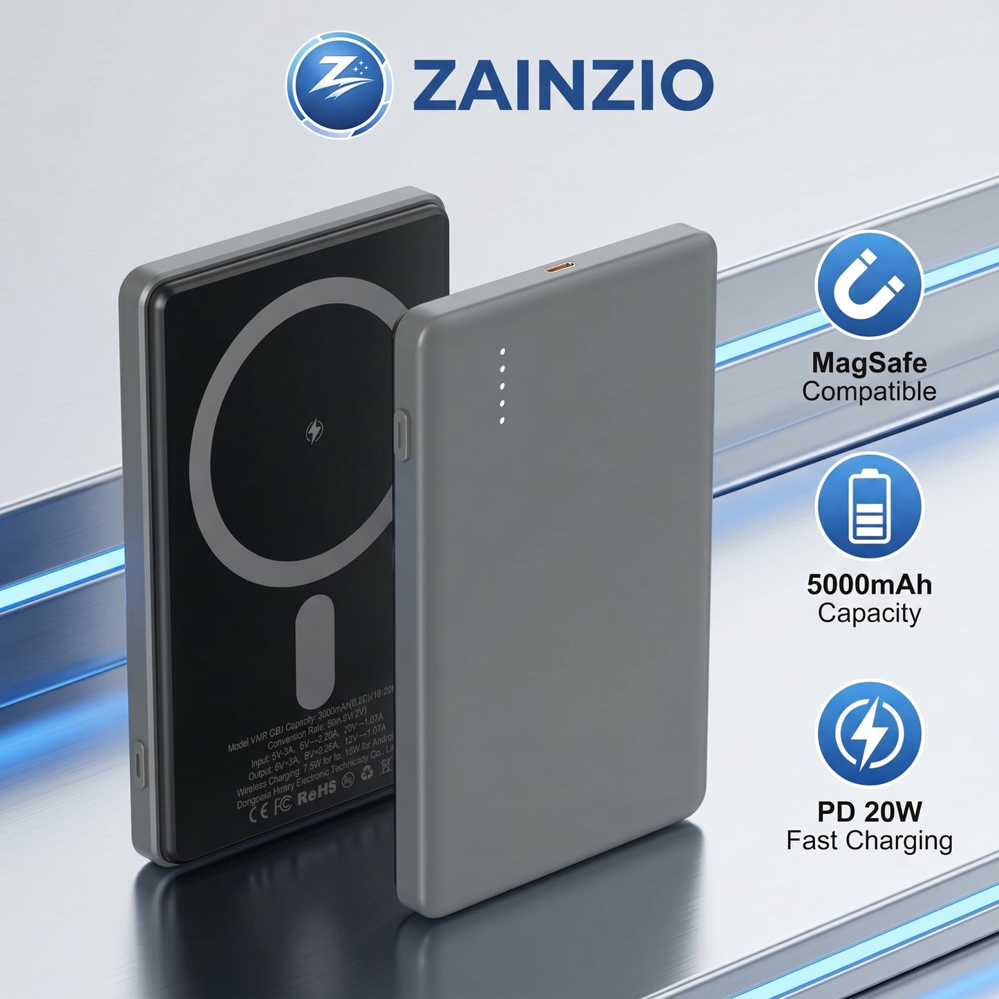 MagSafe Power Bank, Slim Magnetic Charger, Zainzio Portable Power, 20W Fast Charging, iPhone Wireless Battery, Ultra Thin Powerbank, 5000mAh Pocket Charger