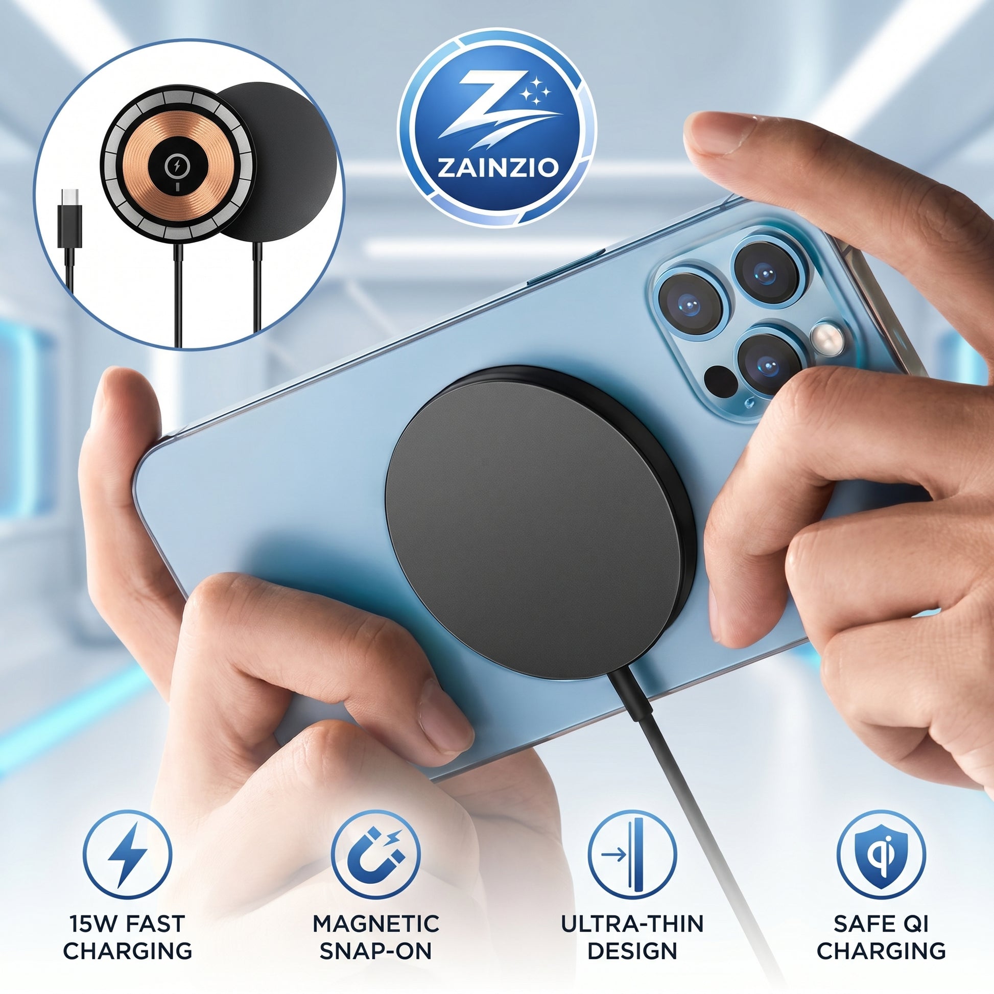 Person using a Zainzio wireless charging pad on a smartphone with product features highlighted.