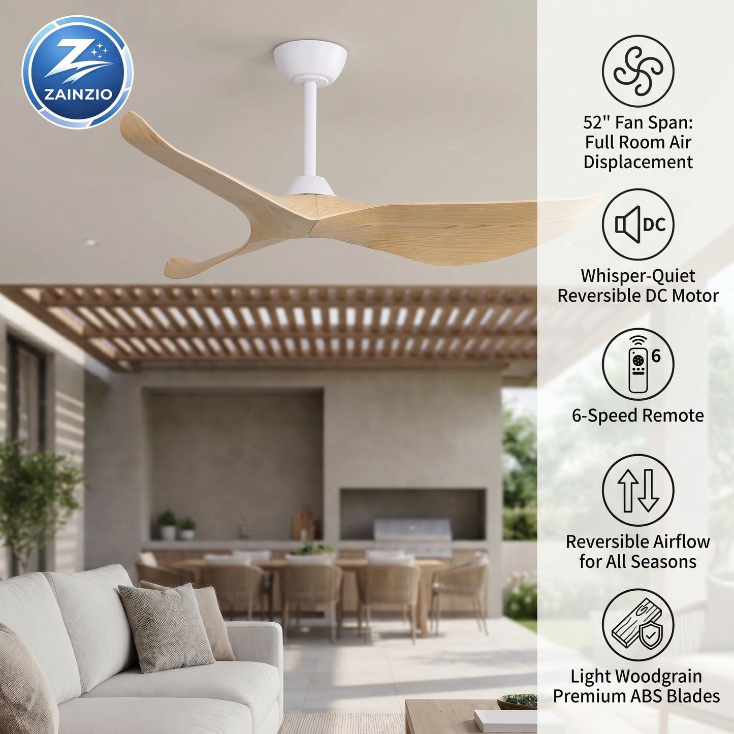Ceiling fan with Zainzio branding in a living room setting, featuring product features on the right.