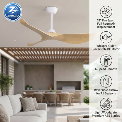 Ceiling fan with Zainzio branding in a living room setting, featuring product features on the right.