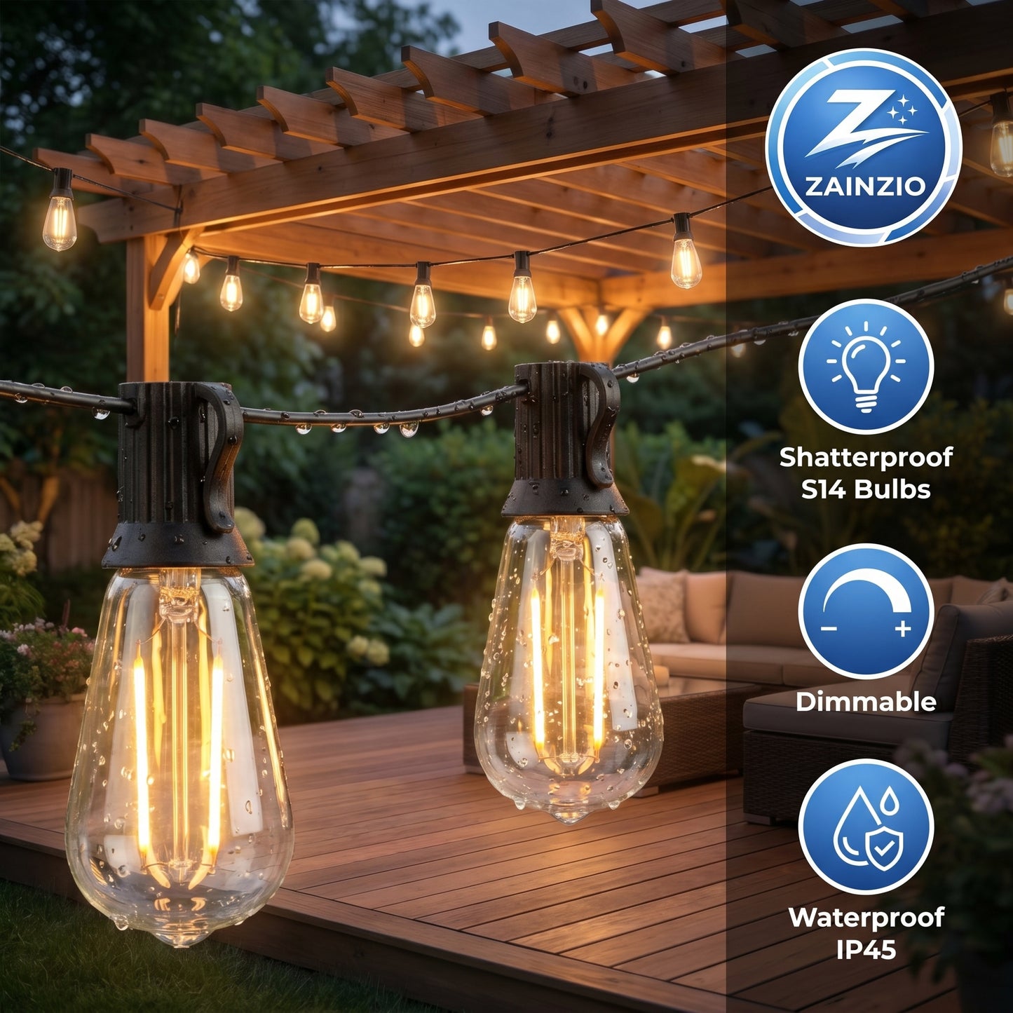 Outdoor String Lights, Patio Bistro Lights, Zainzio Lighting, Shatterproof LED Bulbs, Waterproof Hanging Lights, 50FT String Lights, Backyard Decor