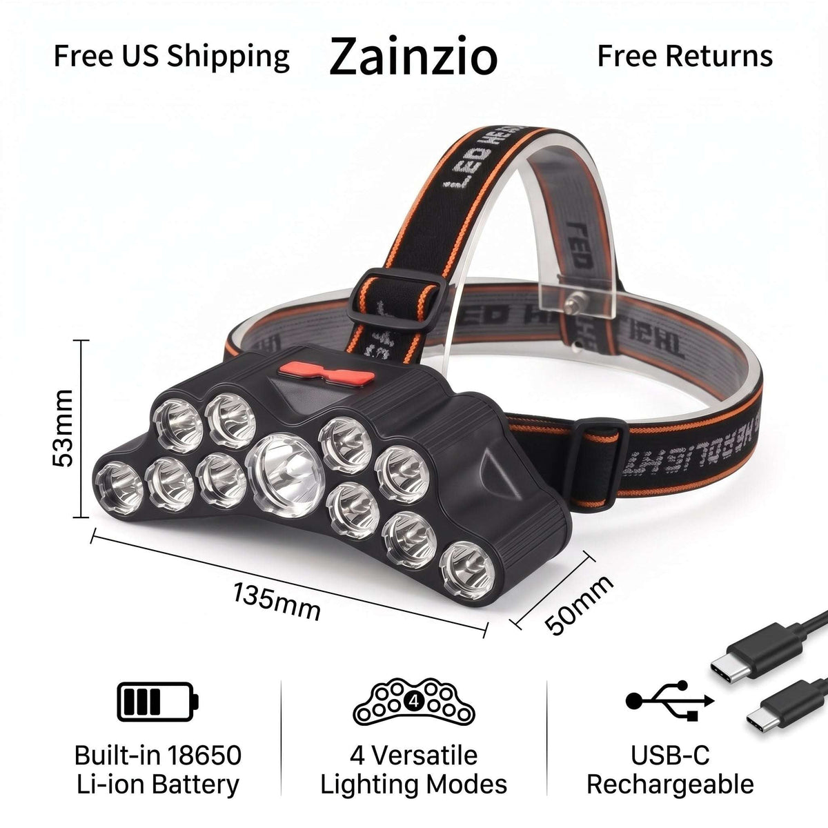 Zainzio's black LED headlamp (135x53x50mm) offers free US shipping, free returns, a built-in 18650 Li-ion battery, 4 versatile lighting modes, and USB-C recharging.