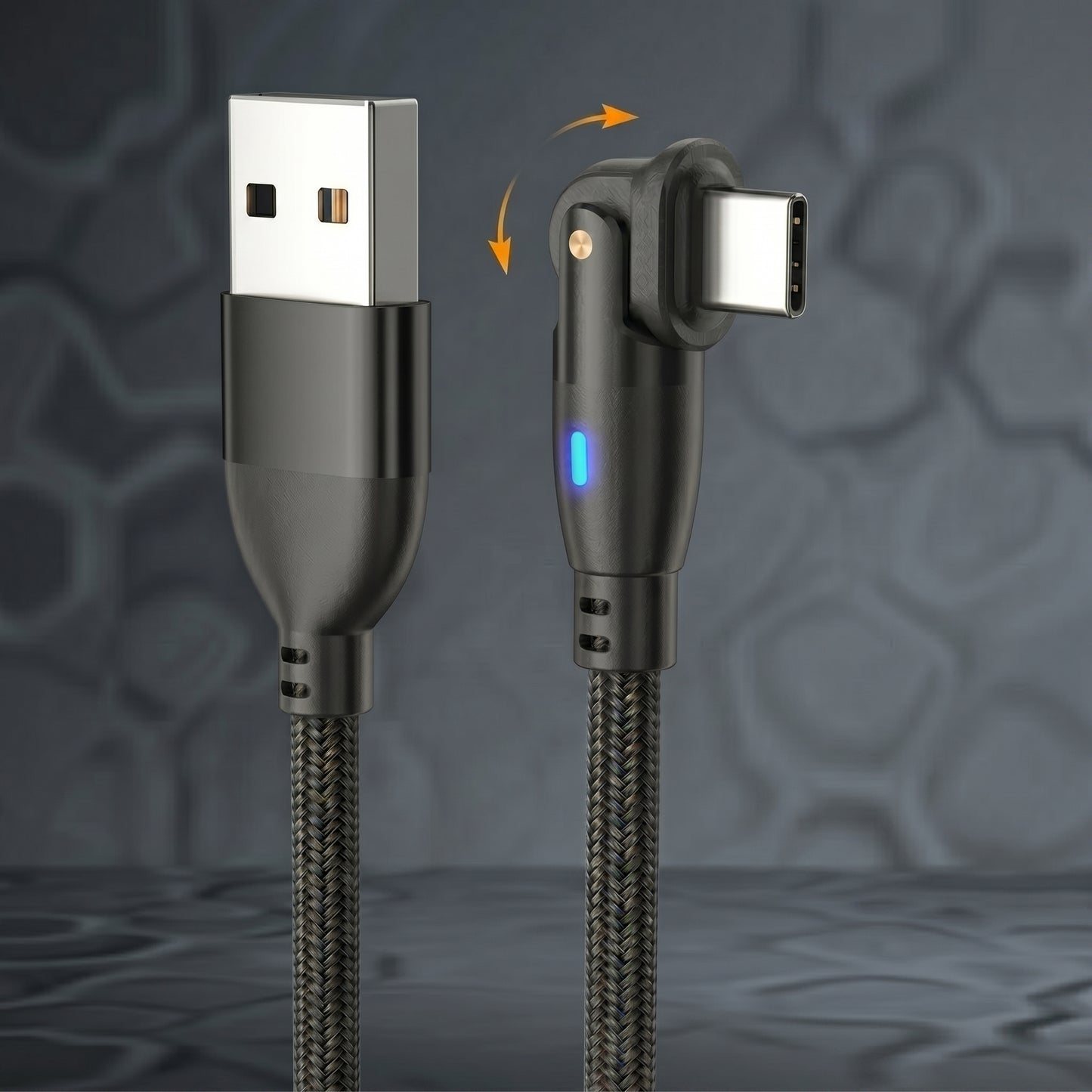 A black braided charging cable features a 180° rotating Type-C connector with a blue LED indicator, alongside a standard USB-A plug. This highlights the cable's versatile design.