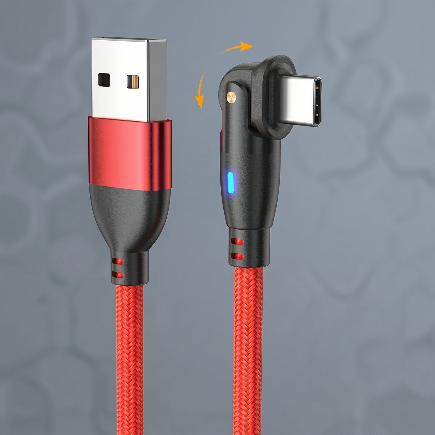 A red braided USB-A to USB-C cable features a standard USB-A end and a unique 180° rotating L-shaped USB-C connector with a blue LED light. Arrows indicate the rotation functionality of the connector.