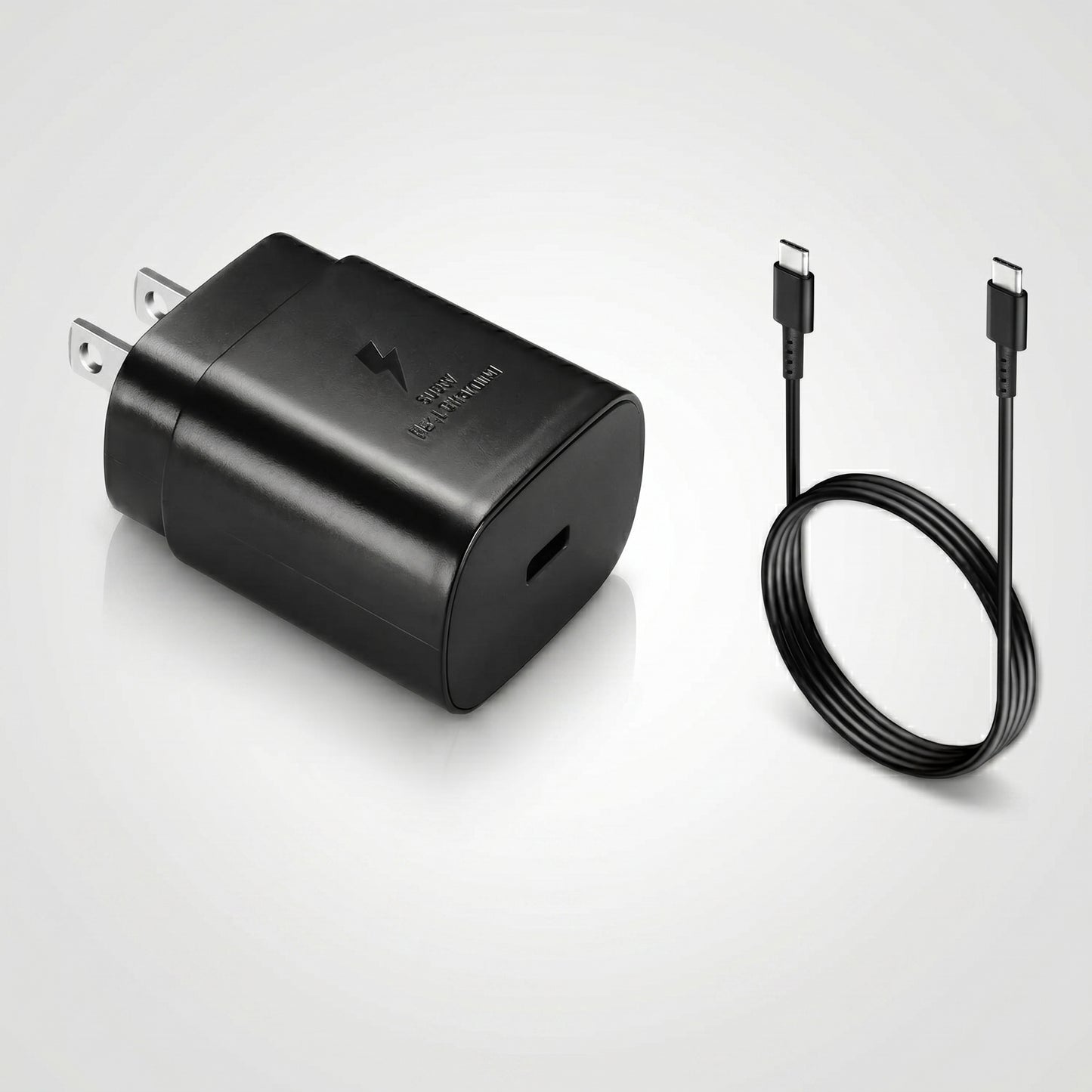 A black 25W wall charger, marked "SAMSUNG SUPER FAST CHARGING" with a lightning bolt icon, is shown next to a coiled black USB-C cable.