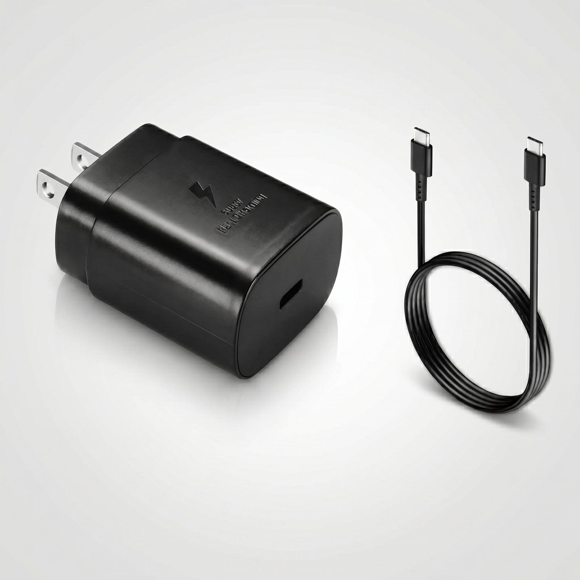 A black 25W wall charger, marked "SAMSUNG SUPER FAST CHARGING" with a lightning bolt icon, is shown next to a coiled black USB-C cable.
