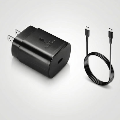A black 25W wall charger, marked "SAMSUNG SUPER FAST CHARGING" with a lightning bolt icon, is shown next to a coiled black USB-C cable.