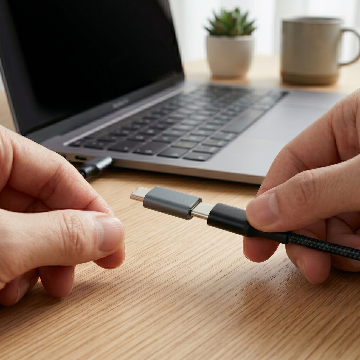 Hands connect a gray USB-C data shielding adapter to a braided cable, demonstrating its use with a laptop on a wooden desk.