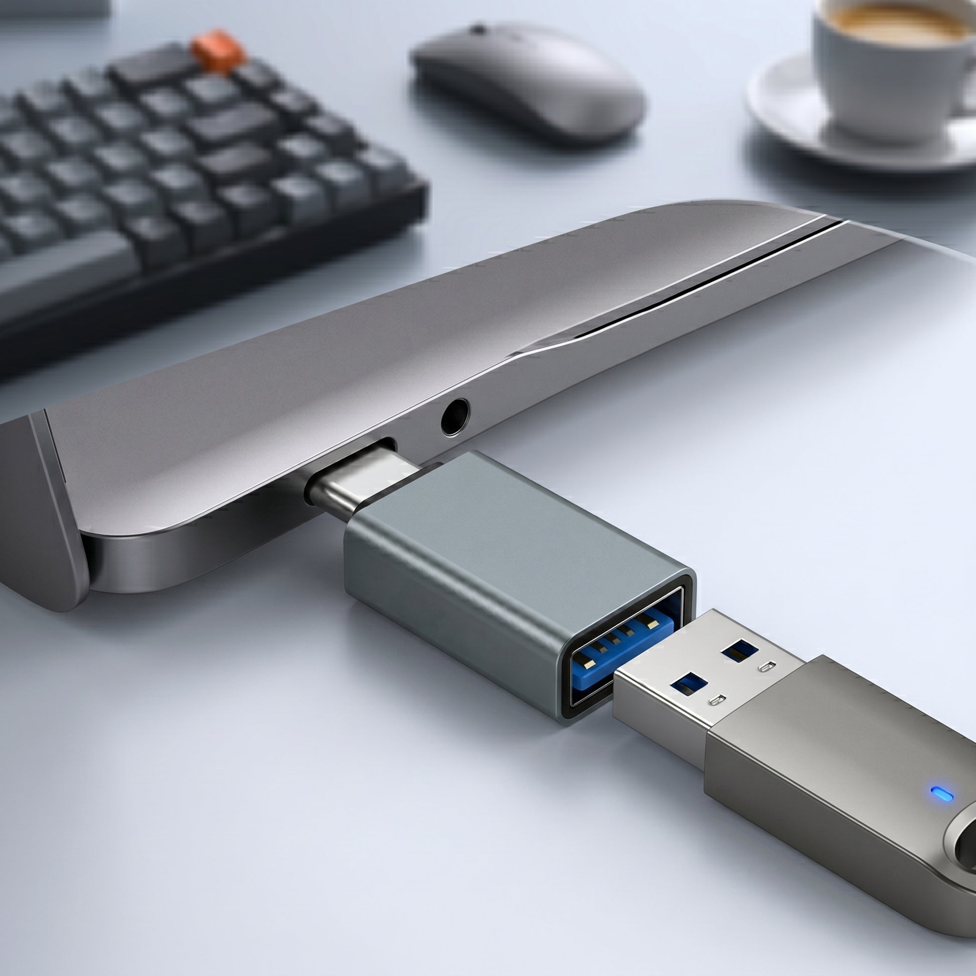 A blue-gray USB-C to USB-A adapter connects a device to a USB flash drive on a desk. The adapter facilitates connecting a USB-A peripheral to a USB-C port.