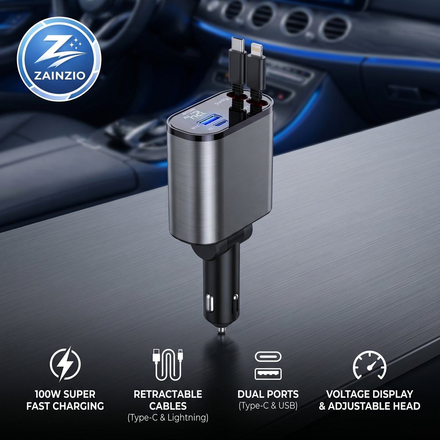 Retractable Car Charger, 100W Fast Car Charger, Zainzio Automotive, Cigarette Lighter Adapter, Type C Car Charger, Multi Port Phone Charger, Voltage Display Car Adapter