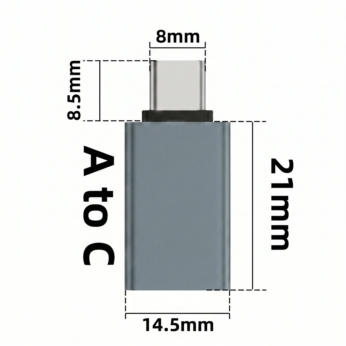 Dimensions of the Zainzio USB A to C adapter: 21mm long, 14.5mm wide. The USB-C plug is 8mm wide and 8.5mm long.