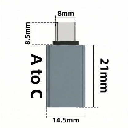 Dimensions of the Zainzio USB A to C adapter: 21mm long, 14.5mm wide. The USB-C plug is 8mm wide and 8.5mm long.