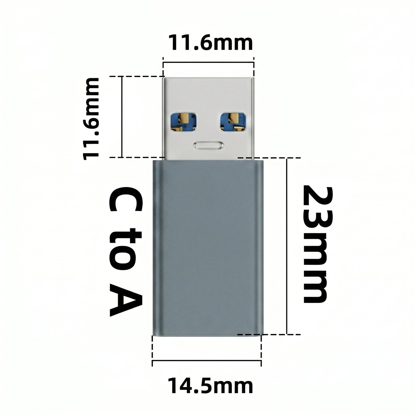 A grey USB-C to USB-A adapter measuring 23mm long and 14.5mm wide, with a 11.6mm USB-A plug. Text: 11.6mm, 11.6mm, 23mm, 14.5mm, C to A.
