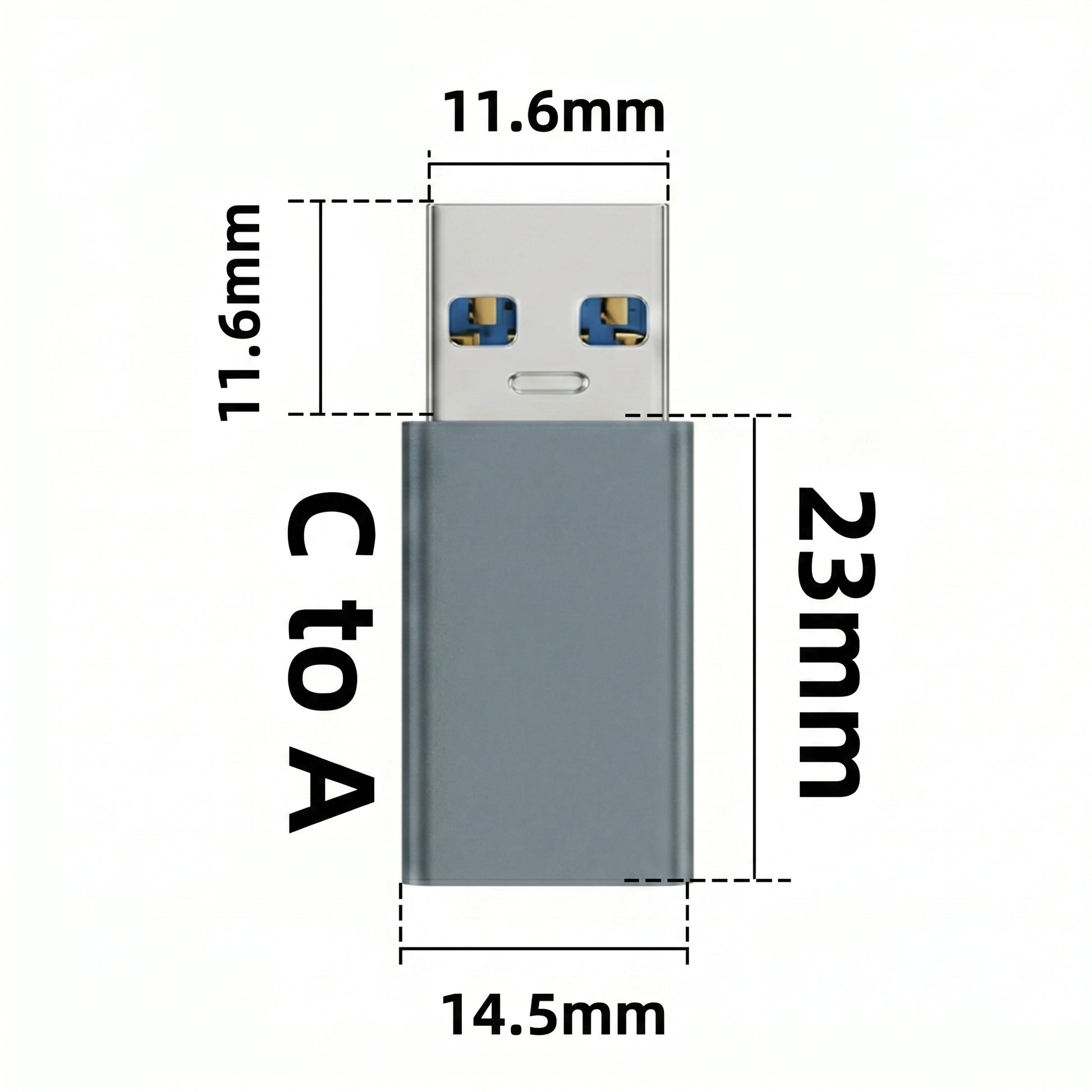 A grey USB-C to USB-A adapter measuring 23mm long and 14.5mm wide, with a 11.6mm USB-A plug. Text: 11.6mm, 11.6mm, 23mm, 14.5mm, C to A.