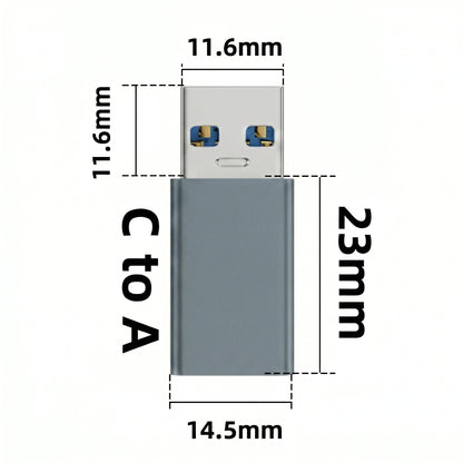 A grey USB-C to USB-A adapter measuring 23mm long and 14.5mm wide, with a 11.6mm USB-A plug. Text: 11.6mm, 11.6mm, 23mm, 14.5mm, C to A.
