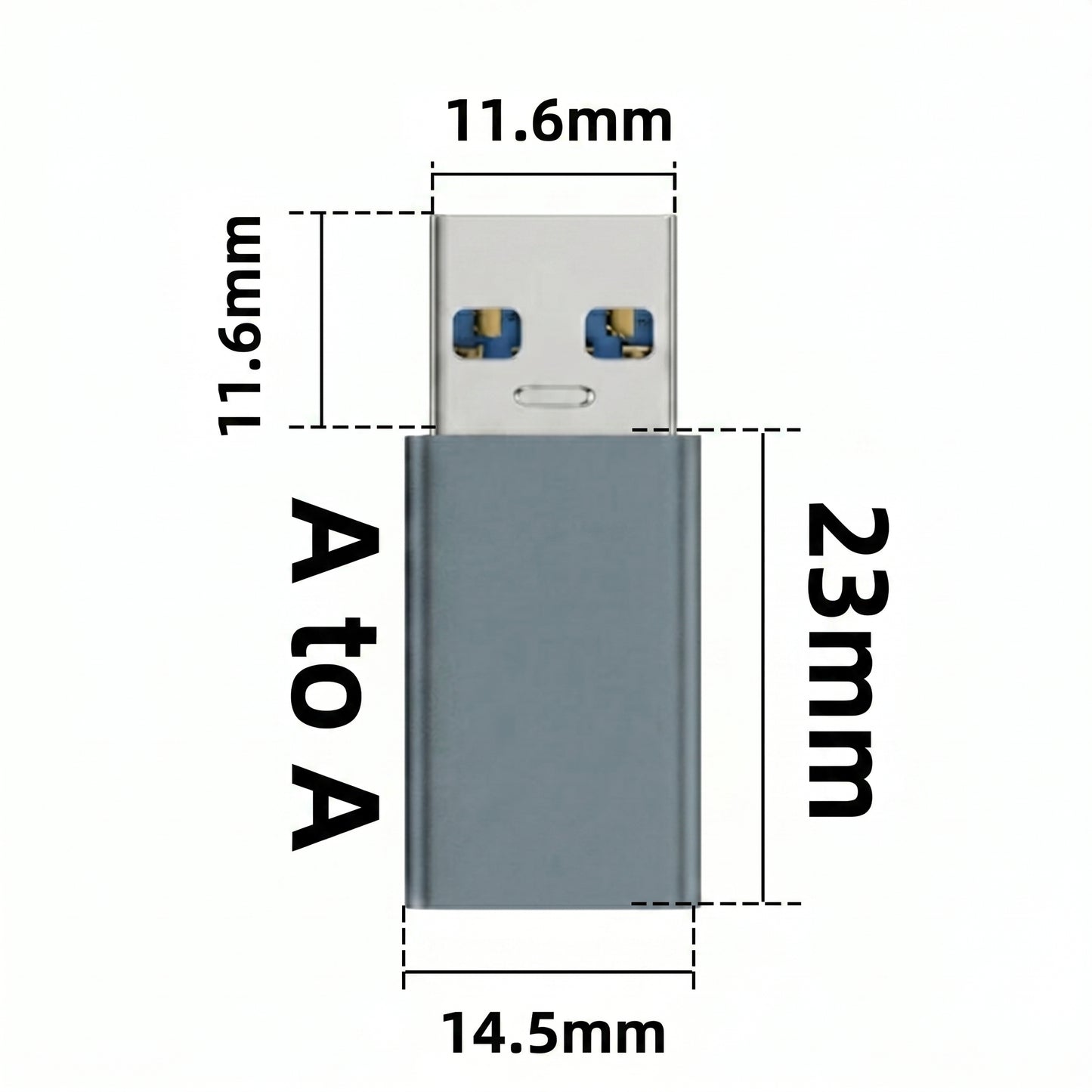 A gray USB-A to USB-A adapter is shown with its dimensions: 11.6mm, 23mm, and 14.5mm. The text "A to A" is also visible on the adapter's body.