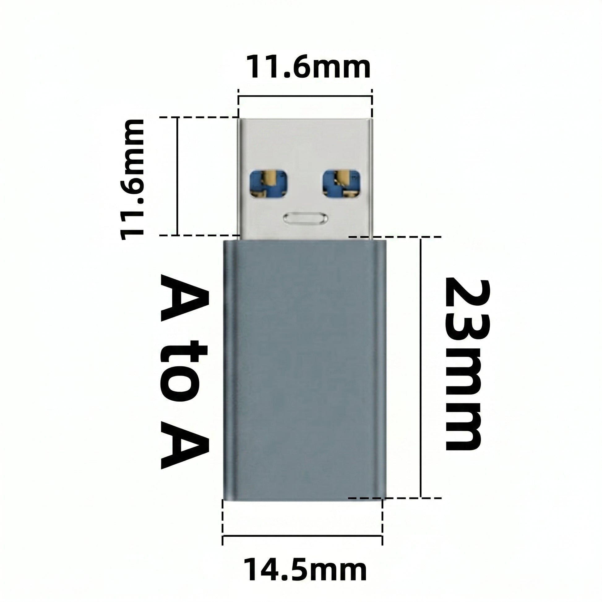 A gray USB-A to USB-A adapter is shown with its dimensions: 11.6mm, 23mm, and 14.5mm. The text "A to A" is also visible on the adapter's body.