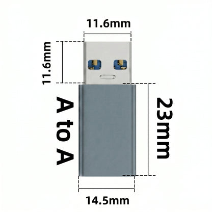 A gray USB-A to USB-A adapter is shown with its dimensions: 11.6mm, 23mm, and 14.5mm. The text "A to A" is also visible on the adapter's body.